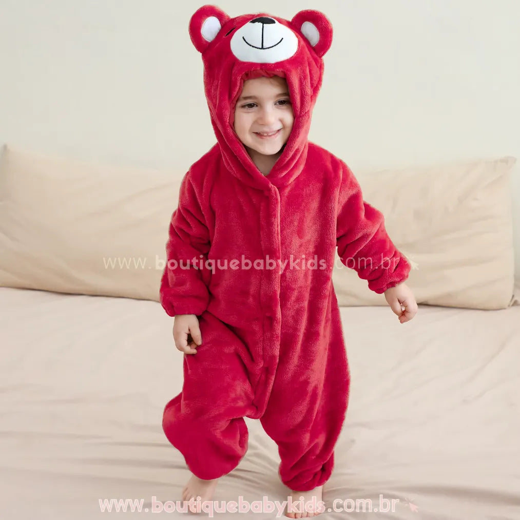 Macacão Bebê de Bichinho Ursinho Aconchego Pelúcia Quentinho com Capuz Vermelho - Boutique Baby Kids 