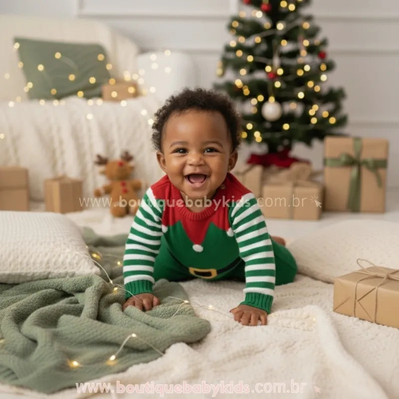 Macacão Bebê Tricot Ajudante do Papai Noel Duende Verde - Boutique Baby Kids 