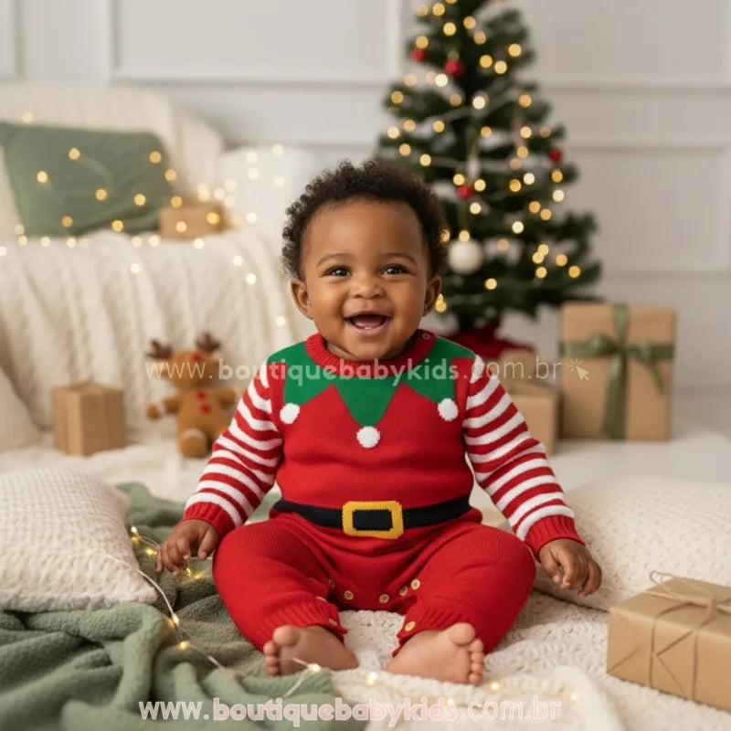 Macacão Bebê Tricot Ajudante do Papai Noel Duende Vermelho - Boutique Baby Kids 