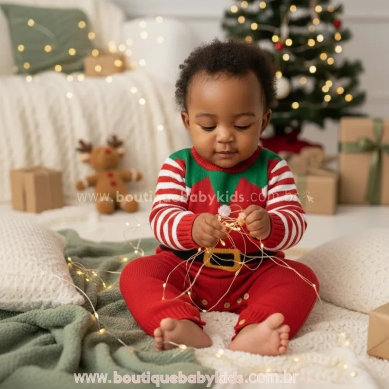 Macacão Bebê Tricot Ajudante do Papai Noel Duende Vermelho - Boutique Baby Kids 