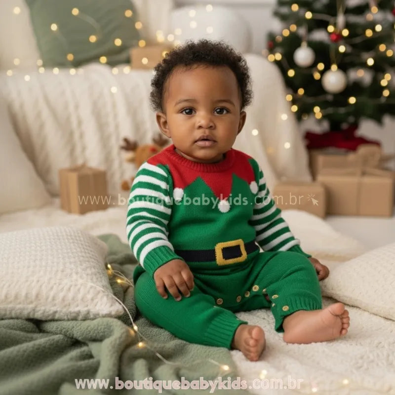 Macacão Bebê Tricot Ajudante do Papai Noel Duende Verde - Boutique Baby Kids 