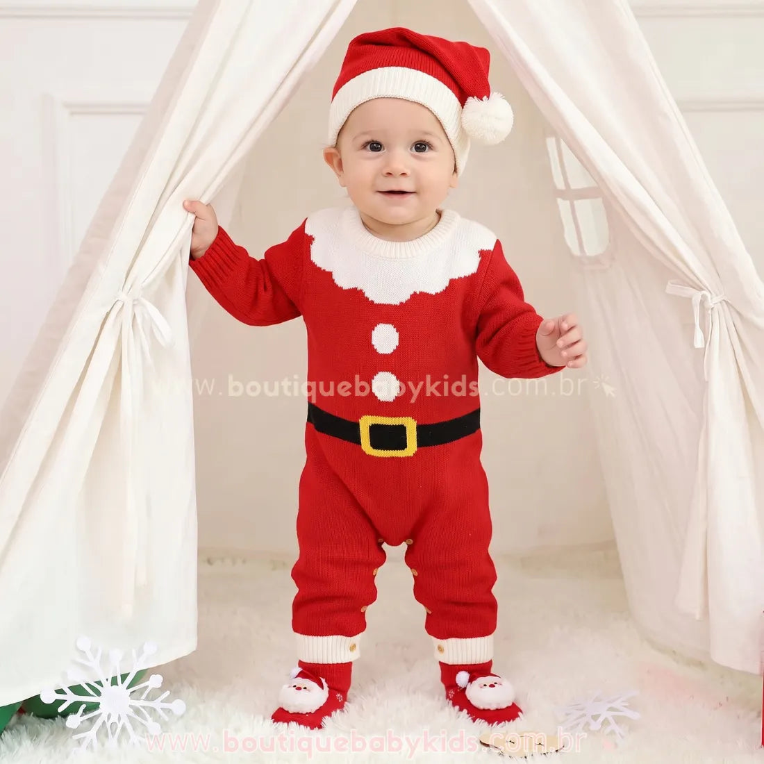 Macacão Bebê Tricot Pequeno Papai Noel com Gorro - Boutique Baby Kids