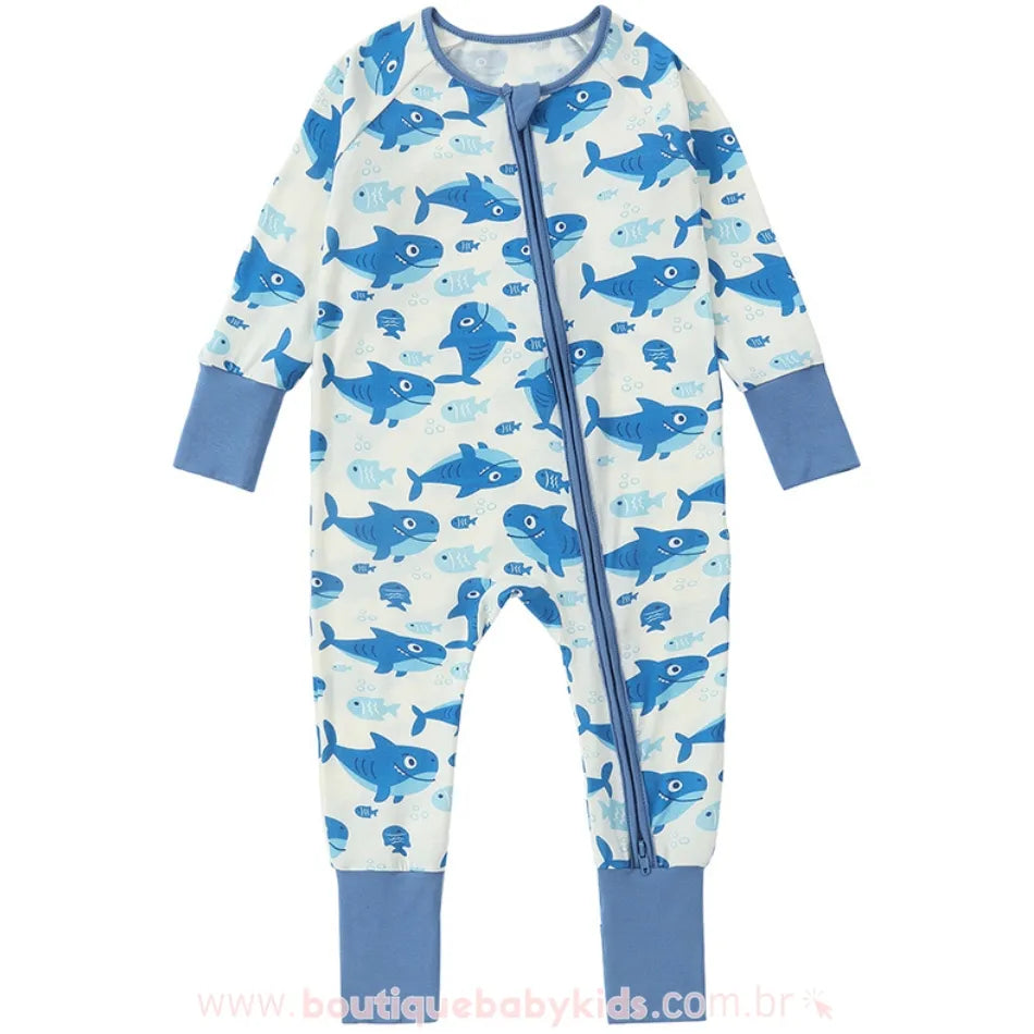 Macacão Bebê Tubarãozinho Azul com zíper frontal e punhos em contraste - Boutique Baby Kids