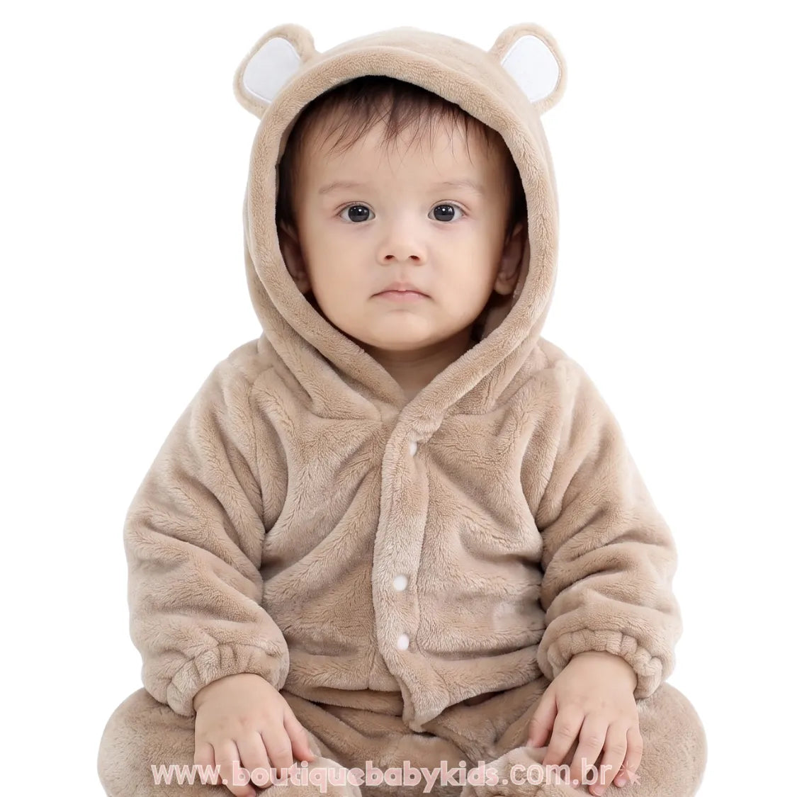 Macacão Bebê Ursinho Pelúcia com Capuz Marrom - Boutique Baby Kids 