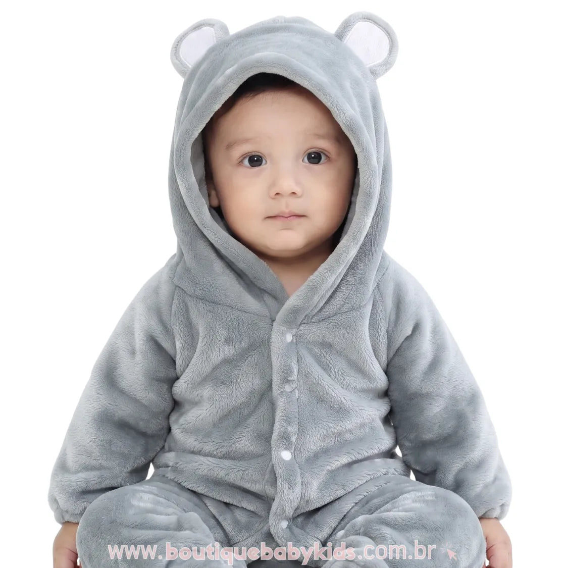 Macacão Bebê Ursinho Pelúcia com Capuz Cinza - Boutique Baby Kids 
