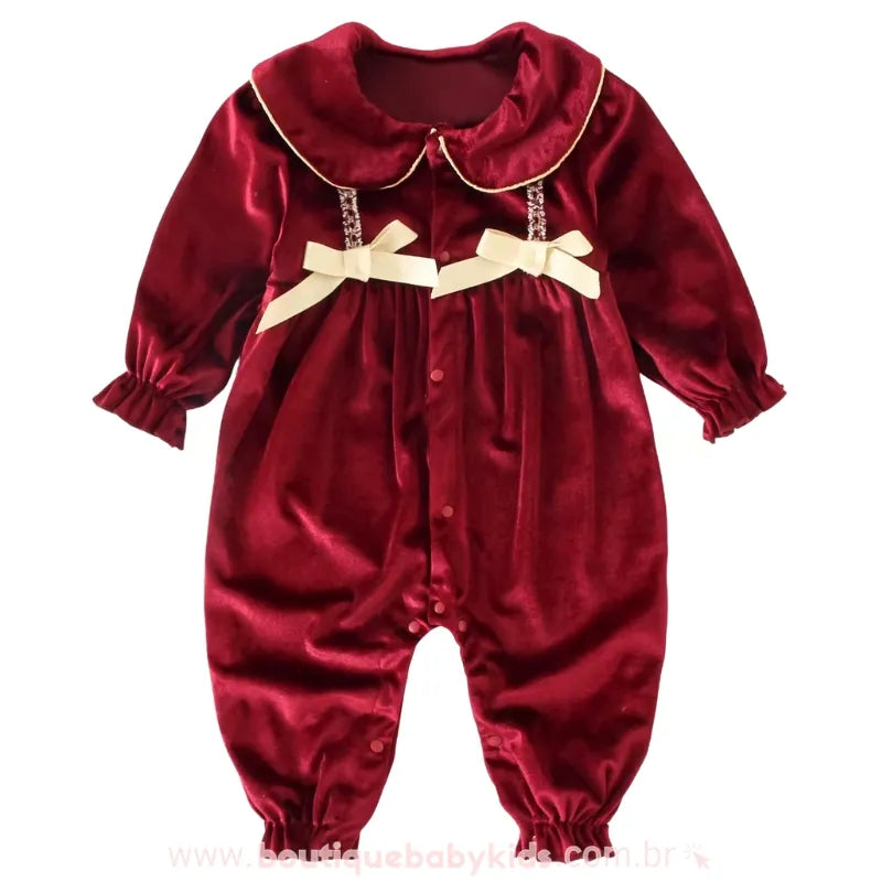 Macacão Bebê Veludo Encanto Real com Lacinhos Vermelho - Boutique Baby Kids #vermelho