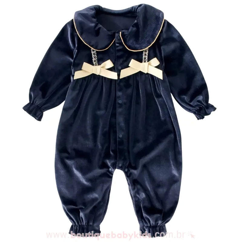 Macacão Bebê Veludo Encanto Real com Lacinhos Azul Marinho - Boutique Baby Kids 