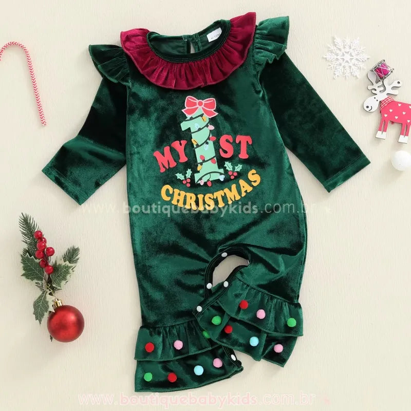 Macacão Bebê Veludo 'My First Christmas' com Babados Verde - Boutique Baby Kids