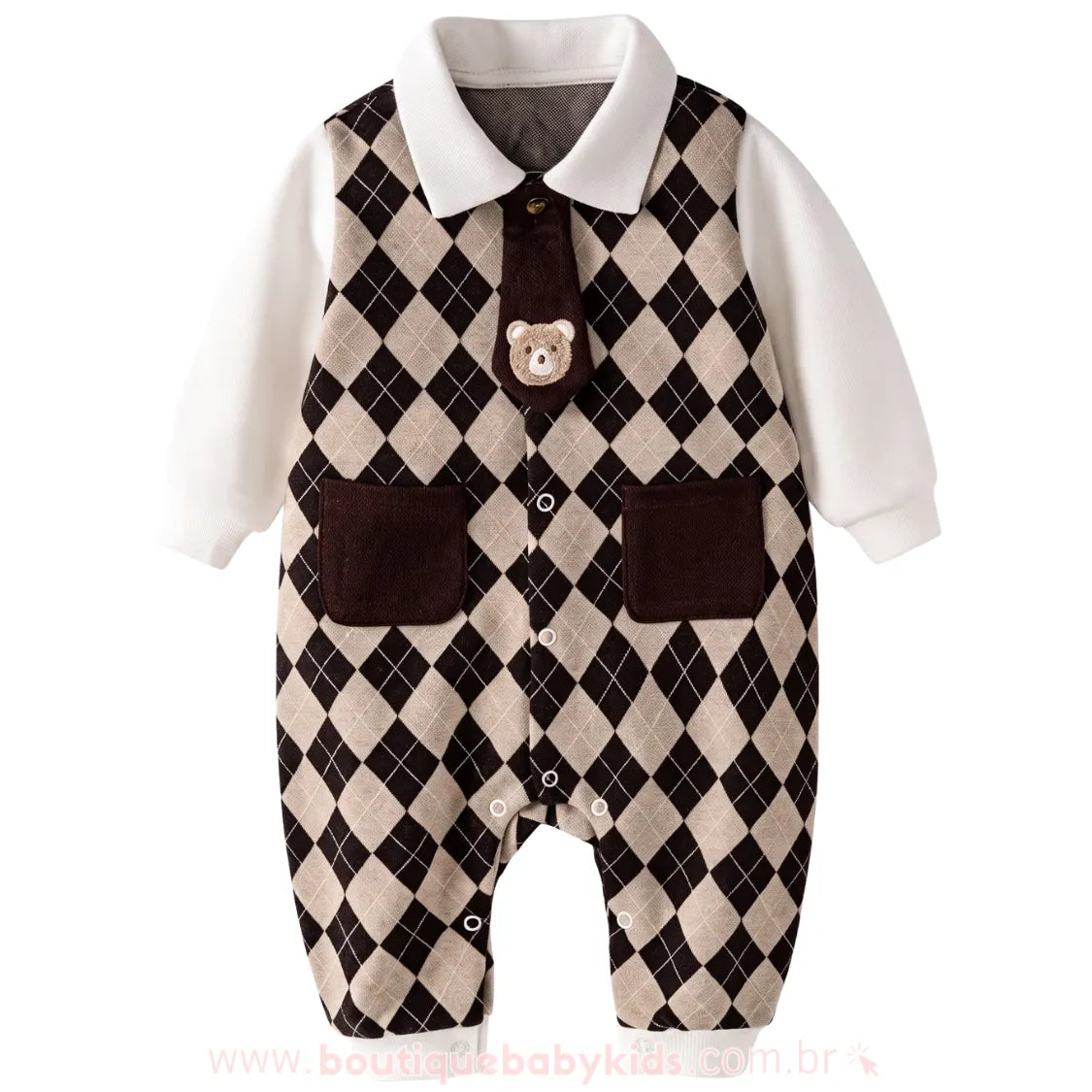 Macacão Bebê Xadrez Argyle Ursinho Clássico com Gola Social - Boutique Baby Kids