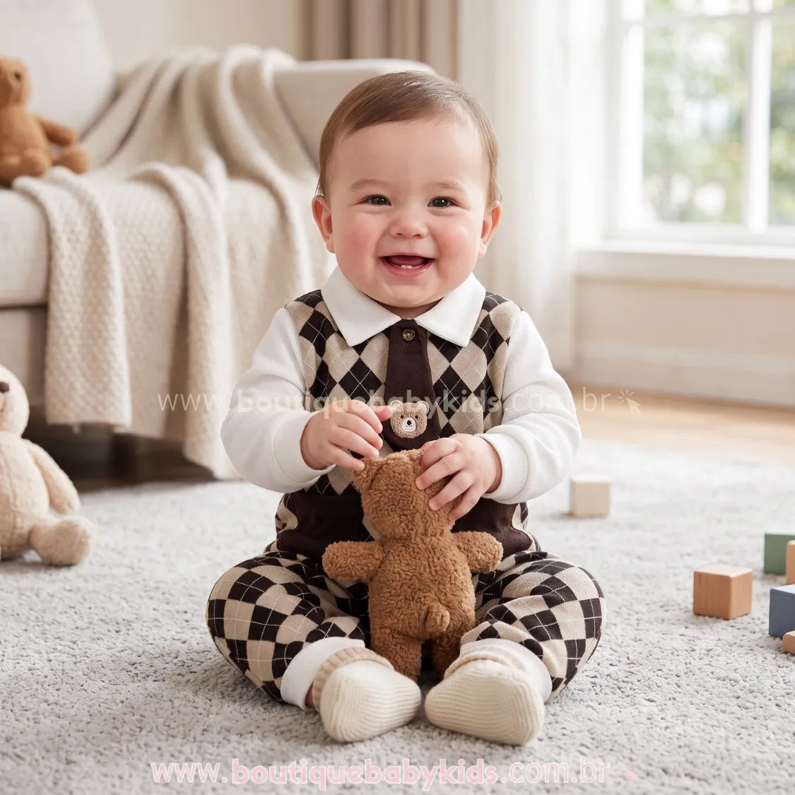 Macacão Bebê Xadrez Argyle Ursinho Clássico com Gola Social - Boutique Baby Kids