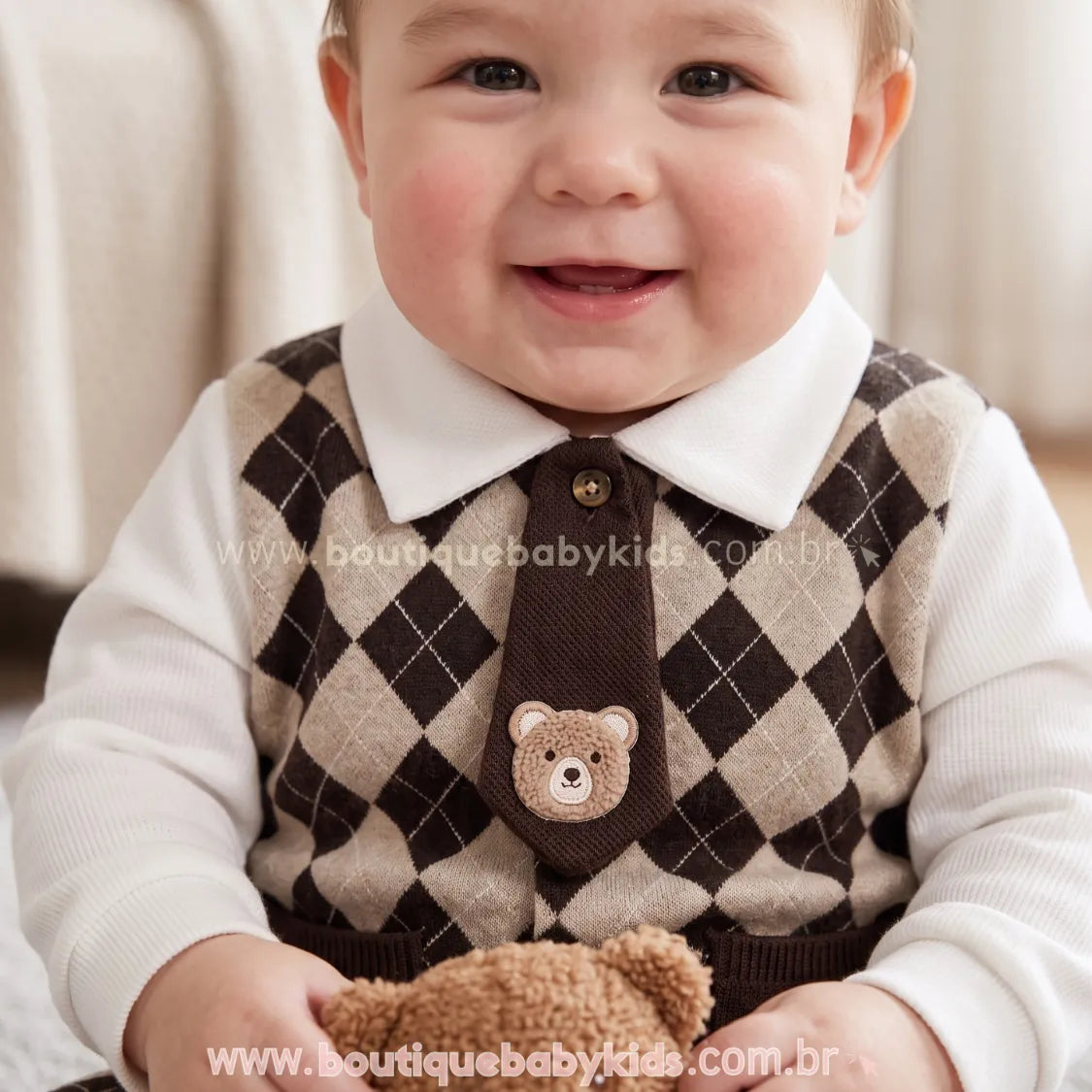 Macacão Bebê Xadrez Argyle Ursinho Clássico com Gola Social - Boutique Baby Kids