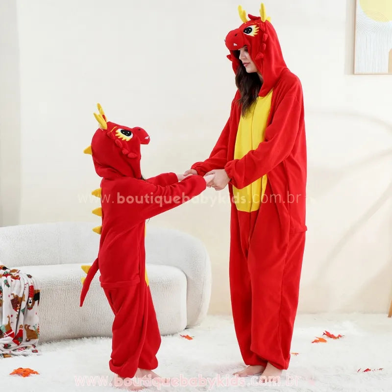 Macacão Infantil e Adulto Kigurumi Fantasia de Dragão de Fogo Vermelho - Boutique Baby Kids