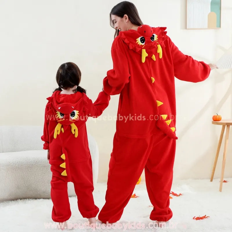 Macacão Infantil e Adulto Kigurumi Fantasia de Dragão de Fogo Vermelho - Boutique Baby Kids