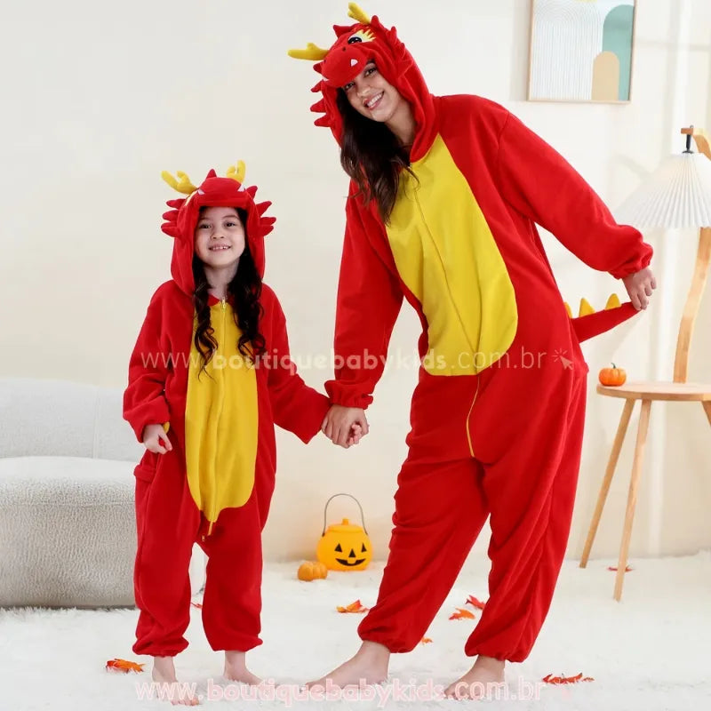 Macacão Infantil e Adulto Kigurumi Fantasia de Dragão de Fogo Vermelho - Boutique Baby Kids