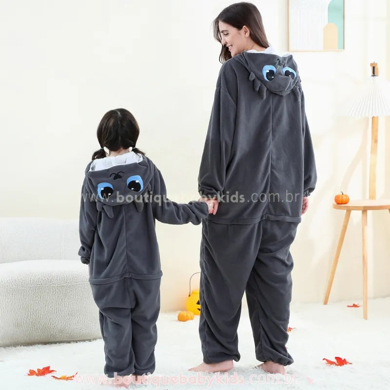 Macacão Infantil e Adulto Kigurumi Fantasia de Dragão Noturno Cinza - Boutique Baby Kids