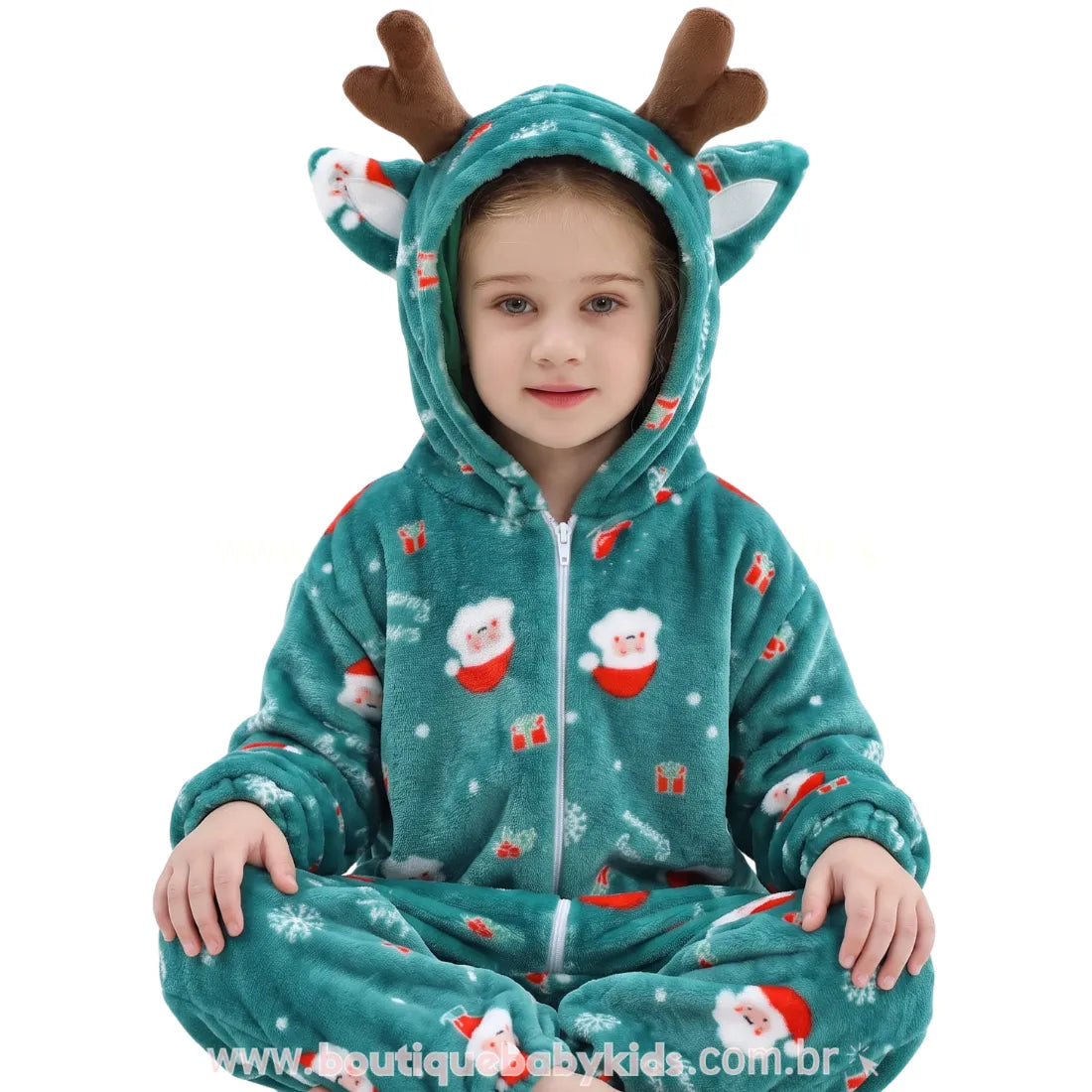 Macacão Infantil Papai Noel Sonhador de Pelúcia com Capuz de Rena Verde - Boutique Baby Kids