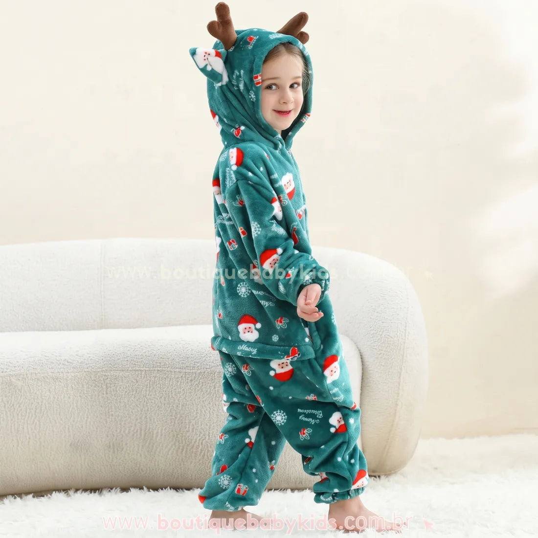 Macacão Infantil Papai Noel Sonhador de Pelúcia com Capuz de Rena Verde - Boutique Baby Kids