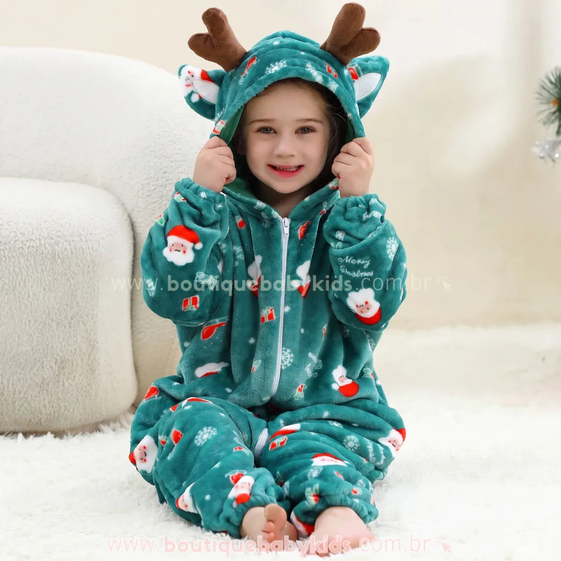 Macacão Infantil Papai Noel Sonhador de Pelúcia com Capuz de Rena Verde - Boutique Baby Kids