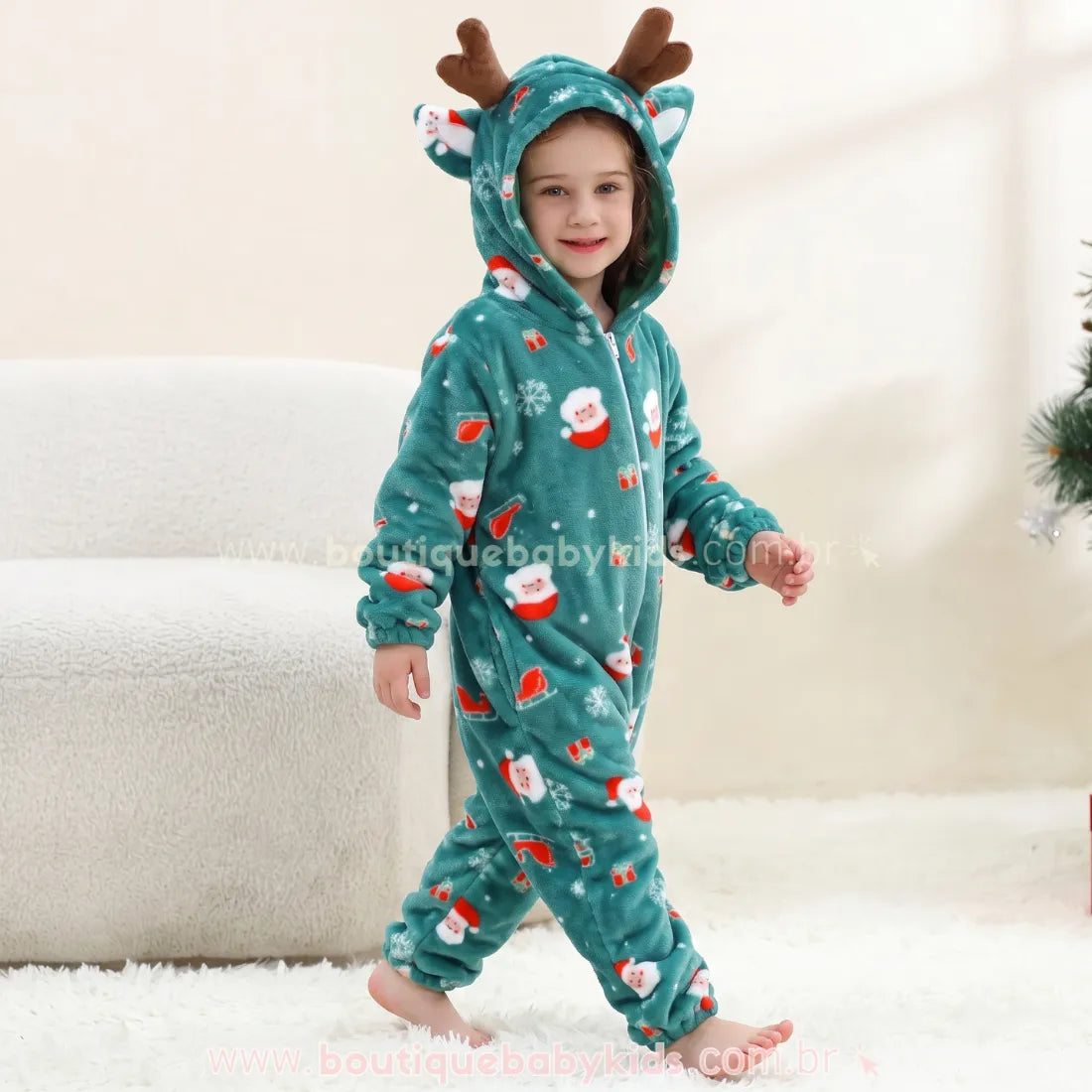 Macacão Infantil Papai Noel Sonhador de Pelúcia com Capuz de Rena Verde - Boutique Baby Kids