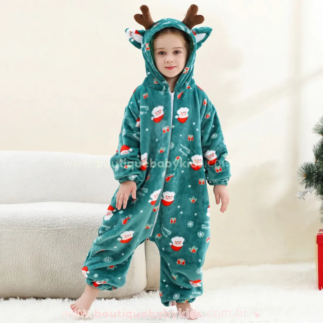 Macacão Infantil Papai Noel Sonhador de Pelúcia com Capuz de Rena Verde - Boutique Baby Kids