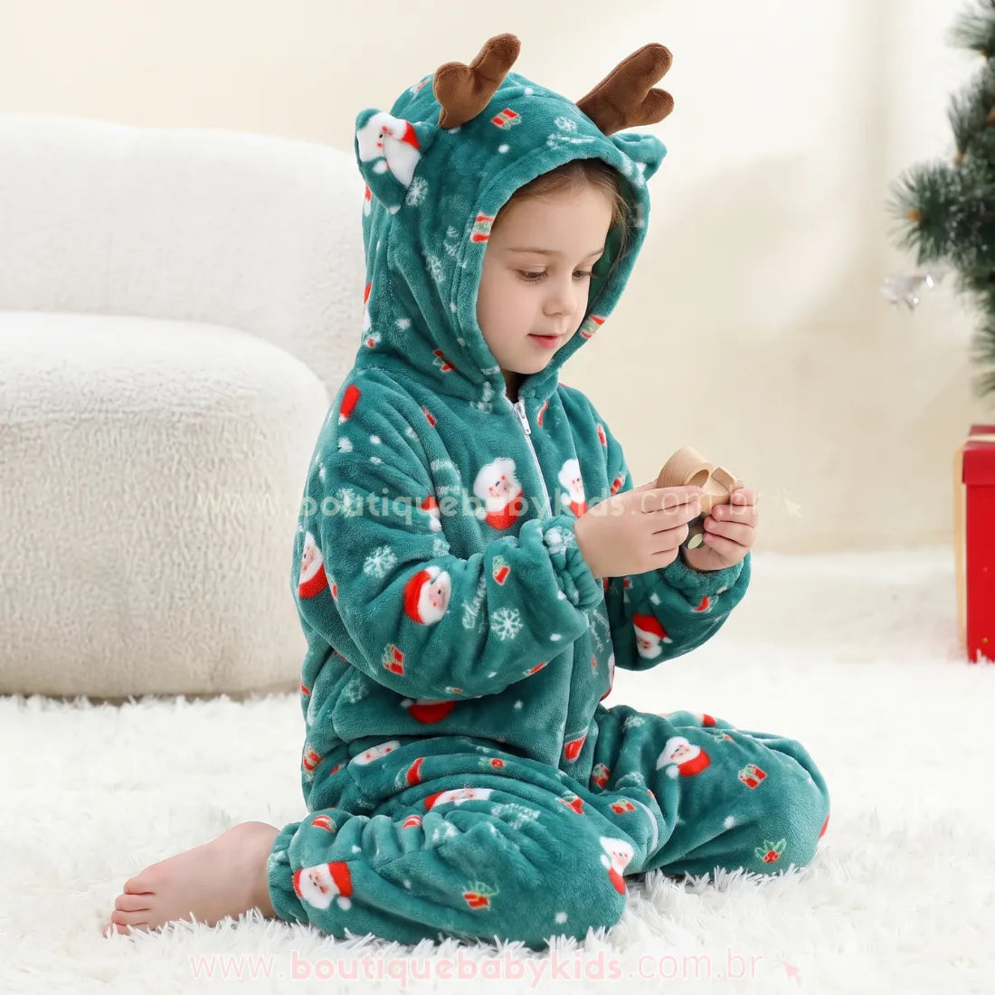 Macacão Infantil Papai Noel Sonhador de Pelúcia com Capuz de Rena Verde - Boutique Baby Kids
