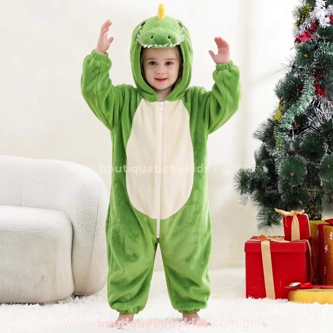 Macacão Infantil Kigurumi Fantasia Dinossauro Feroz Verde - Boutique Baby Kids