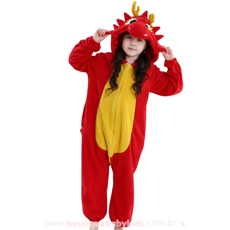 Macacão Infantil Kigurumi Fantasia de Dragão de Fogo Vermelho - Boutique Baby Kids