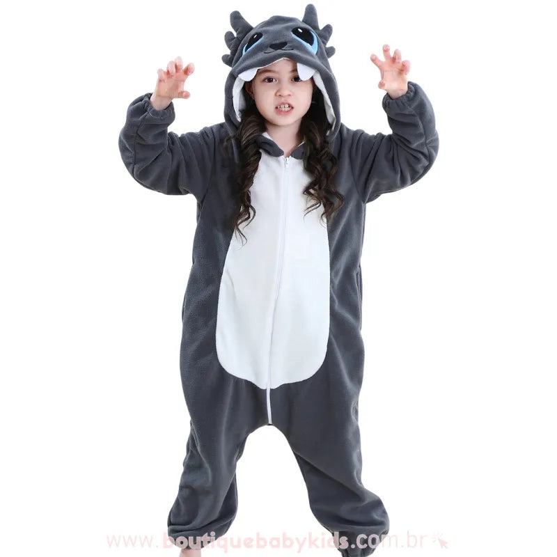 Macacão Infantil Kigurumi Fantasia de Dragão Noturno Cinza - Boutique Baby Kids