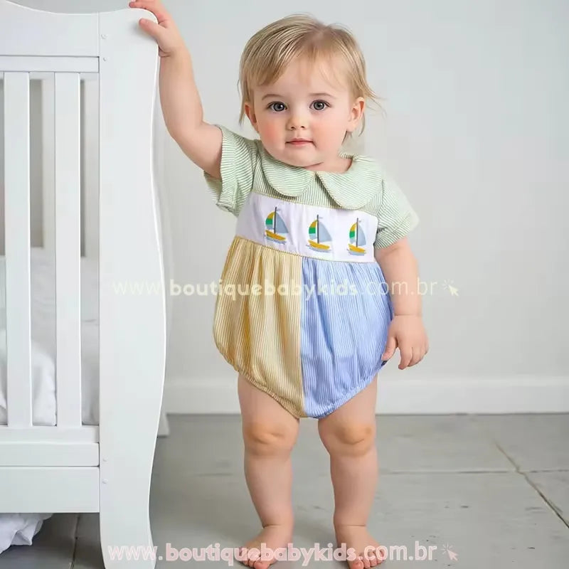 Body Bebê Bordado Náutico de Barquinho - Clássico e Retrô - Boutique Baby Kids