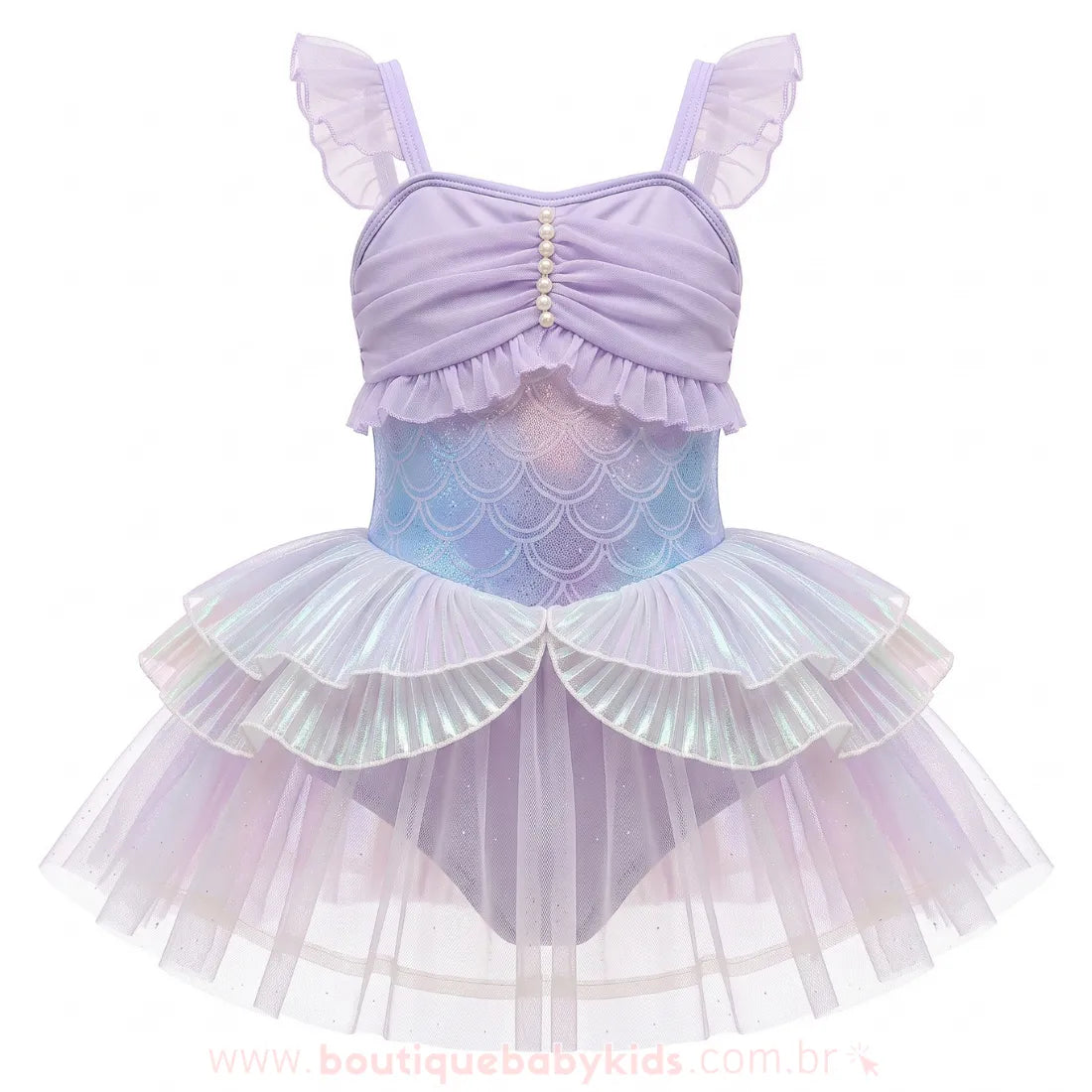 Maiô Infantil Encanto de Sereia com Tule e Asinhas Lilás - Boutique Baby Kids