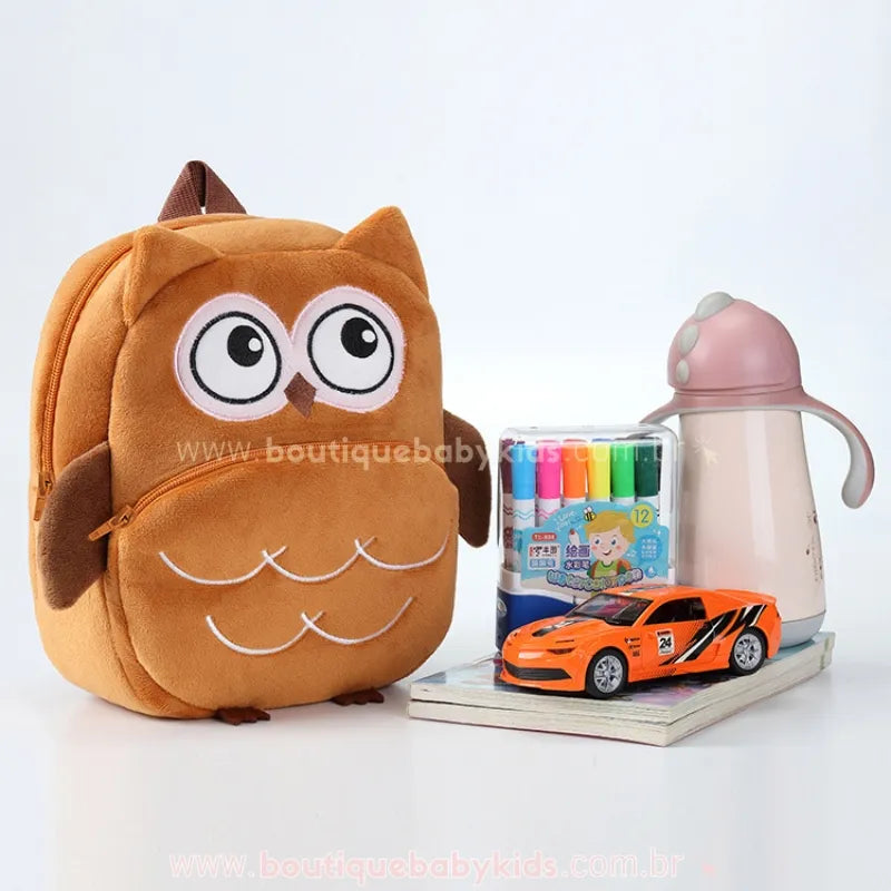 Mochila Infantil Costas Peluciada Bichinho Corujinha Marrom - Boutique Baby Kids