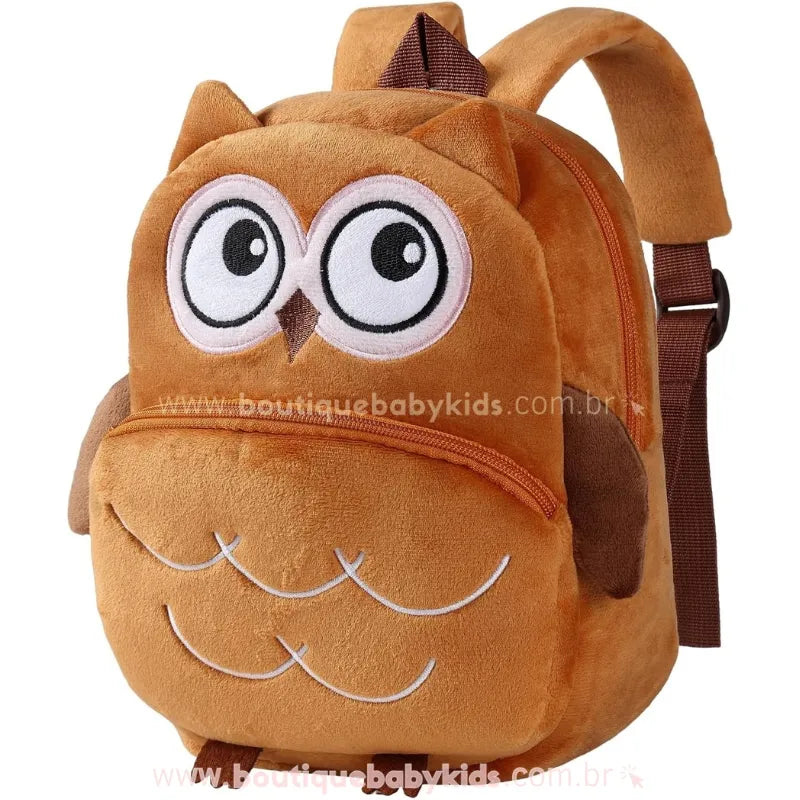 Mochila Infantil Costas Peluciada Bichinho Corujinha Marrom - Boutique Baby Kids