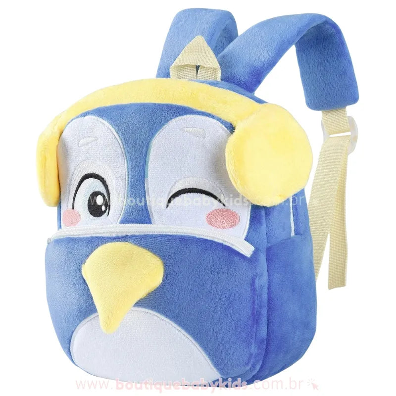 Mochila Infantil Costas Peluciada Pinguim Brincalhão Azul - Boutique Baby Kids