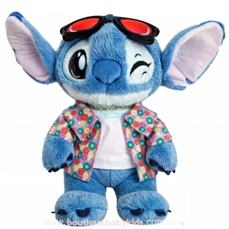 Pelúcia Stitch original temática havaiana de 30 cm com camisa florida, óculos na cabeça e expressão piscando. - Boutique Baby Kids