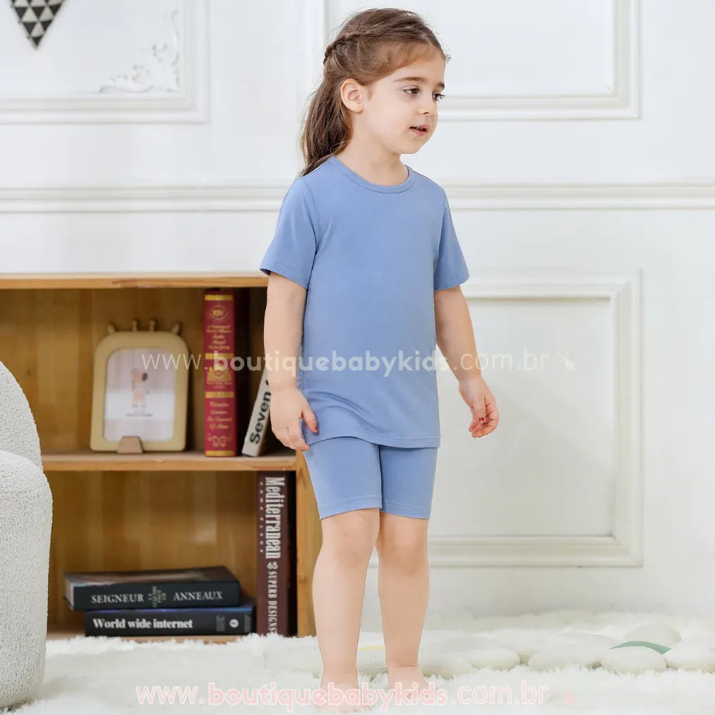 Pijama Infantil Curto Bamboo Soft em Fibra de Bambu Azul - Boutique Baby Kids 