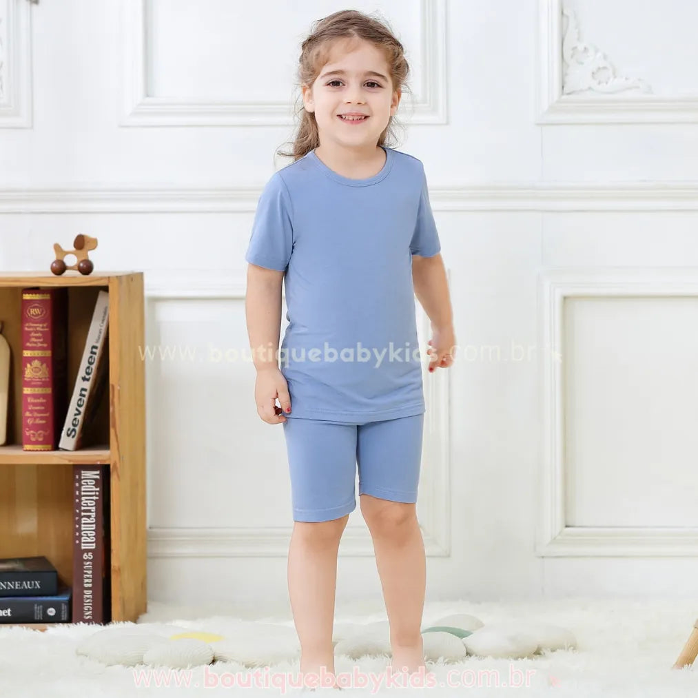 Pijama Infantil Curto Bamboo Soft em Fibra de Bambu Azul - Boutique Baby Kids 