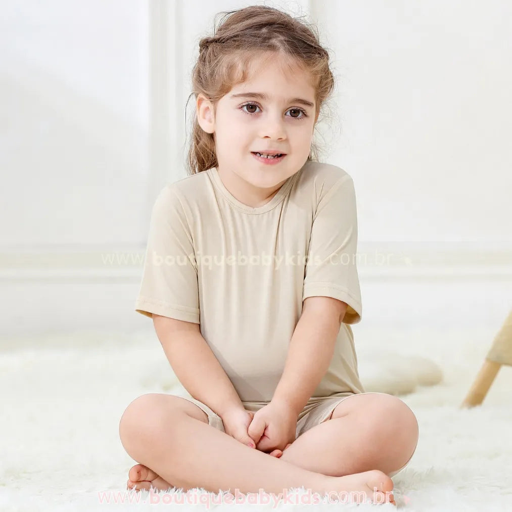 Pijama Infantil Curto Bamboo Soft em Fibra de Bambu Bege - Boutique Baby Kids 