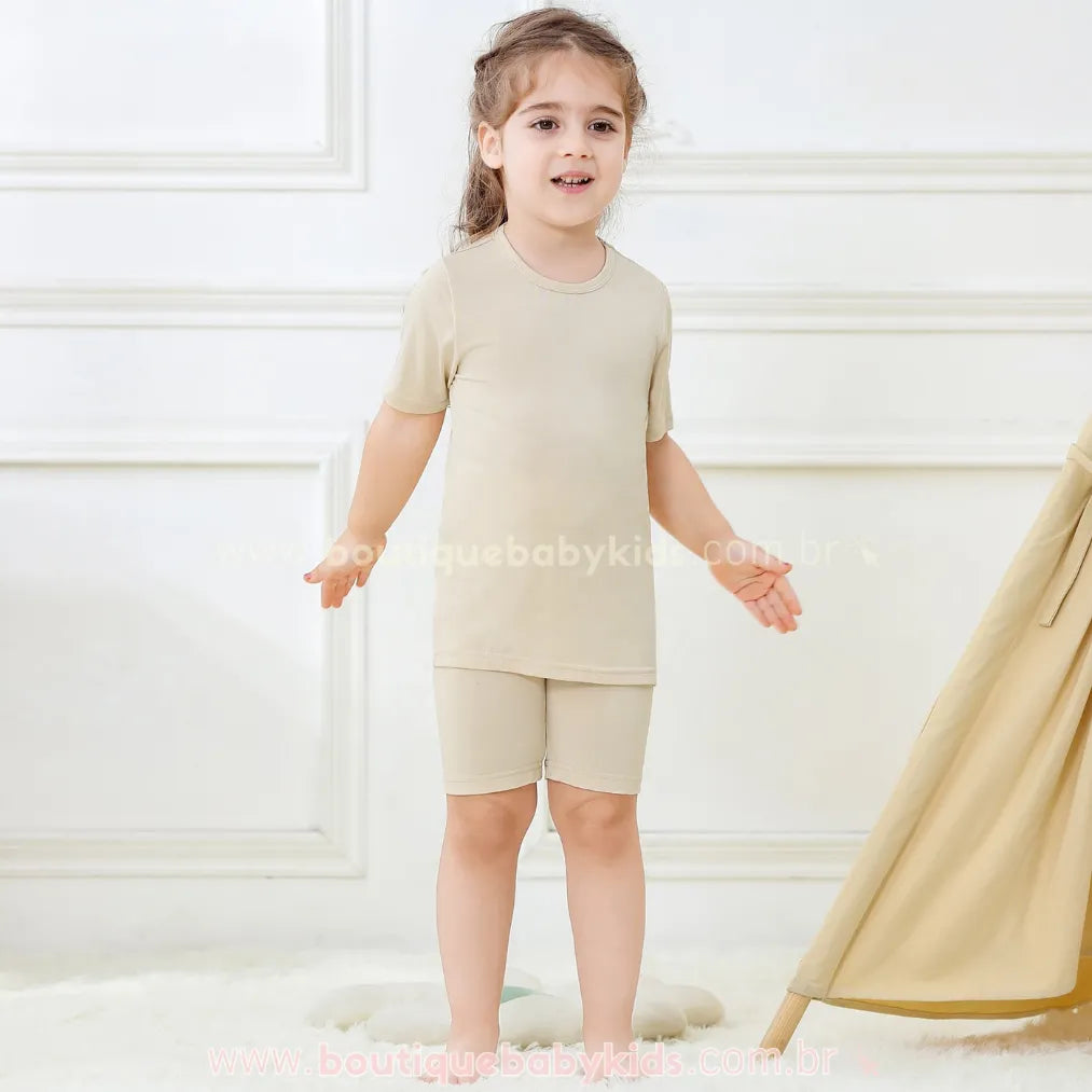 Pijama Infantil Curto Bamboo Soft em Fibra de Bambu Bege - Boutique Baby Kids 