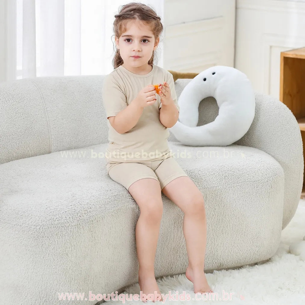 Pijama Infantil Curto Bamboo Soft em Fibra de Bambu Bege - Boutique Baby Kids 