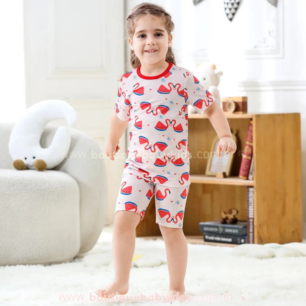 Pijama Infantil Curto Flamingo Pastèque em Fibra de Bambu Rosa - Boutique Baby Kids