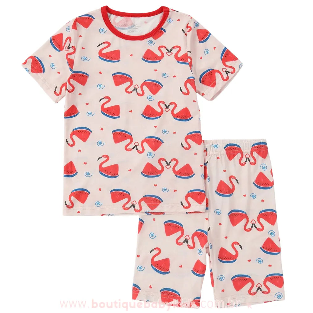Pijama Infantil Curto Flamingo Pastèque em Fibra de Bambu Rosa - Boutique Baby Kids