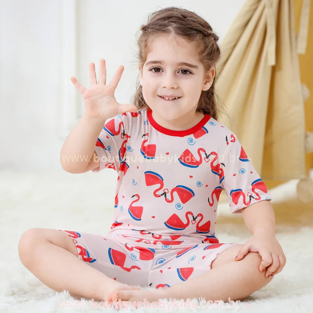 Pijama Infantil Curto Flamingo Pastèque em Fibra de Bambu Rosa - Boutique Baby Kids