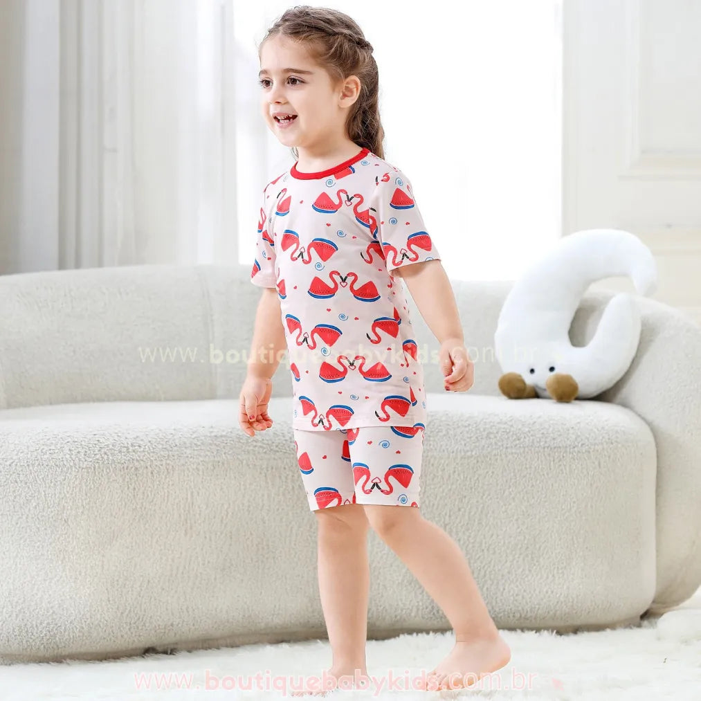 Pijama Infantil Curto Flamingo Pastèque em Fibra de Bambu Rosa - Boutique Baby Kids