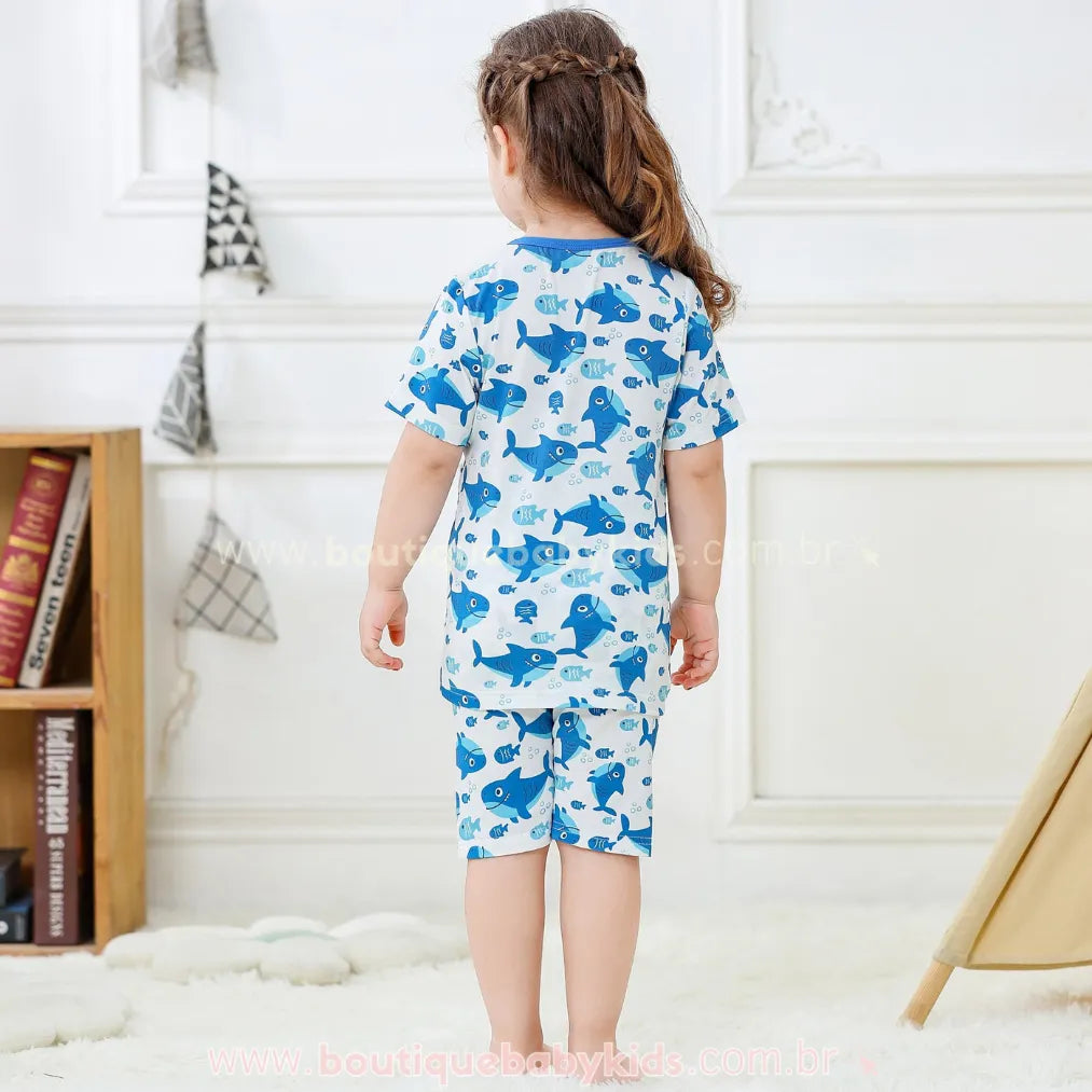 Pijama Infantil Curto Tubarãozinho Azul em Fibra de Bambu - Boutique Baby Kids