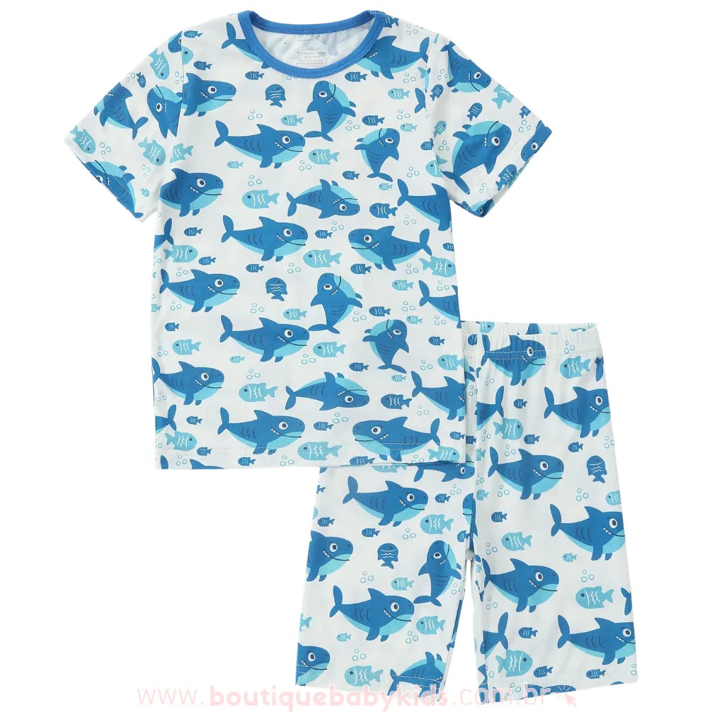 Pijama Infantil Curto Tubarãozinho Azul em Fibra de Bambu - Boutique Baby Kids