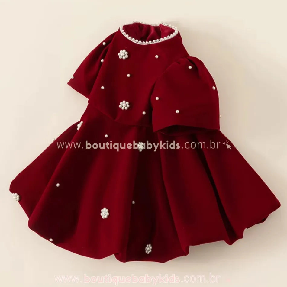 Vídeo - Vestido Infantil de Luxo Veludo Bordeaux com Pérolas - Boutique Baby Kids