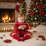 Vídeo do Body Bebê Natalino de Veludo 'Santa Baby' com Tule e Meia Vermelho - Boutique Baby Kids