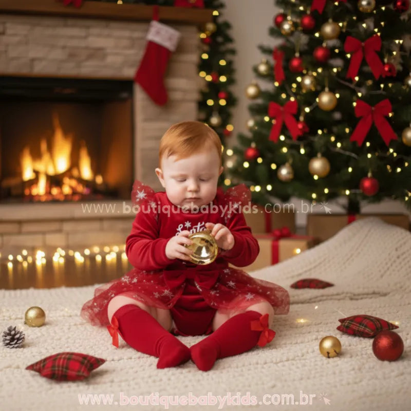 Vídeo do Body Bebê Natalino de Veludo 'Santa Baby' com Tule e Meia Vermelho - Boutique Baby Kids