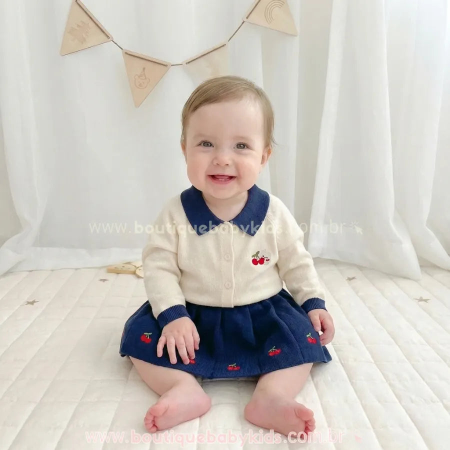 Conjunto Infantil Tricot Bordado Cerejinhas