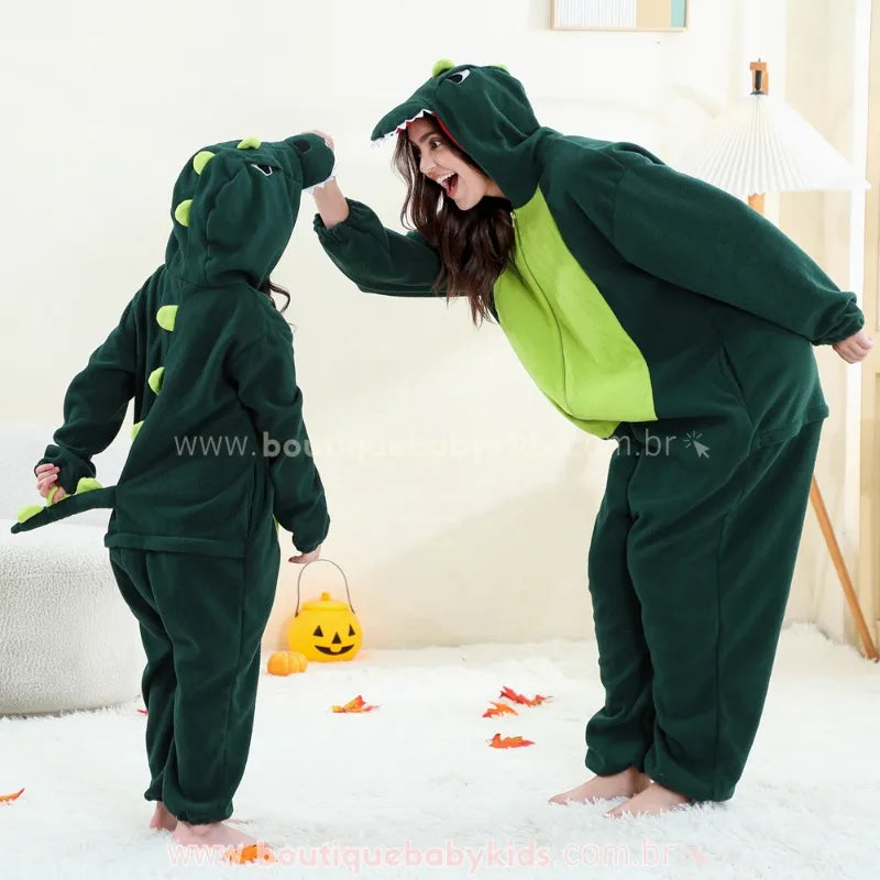 Video Macacão Infantil e Adulto Kigurumi Fantasia de Dinossauro Verde - Boutique Baby Kids